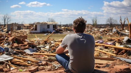 Sad Man with his child sit near destroyed of cunami house