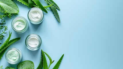 Natural aloe skincare flat lay, glass containers with gel and creams, surrounded by aloe vera leaves. Blue background