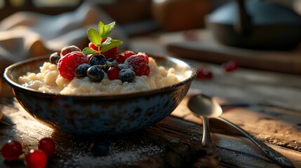 Cottage cheese porridge with berries in a blue bowl on a wooden background. - obrazy, fototapety, plakaty