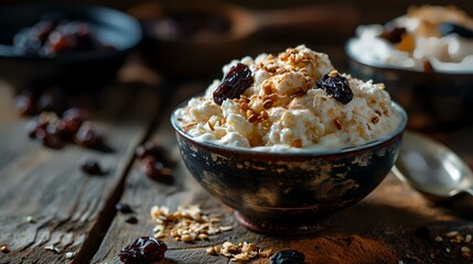 Cottage cheese with raisins and nuts in a bowl on a dark wooden background. - obrazy, fototapety, plakaty