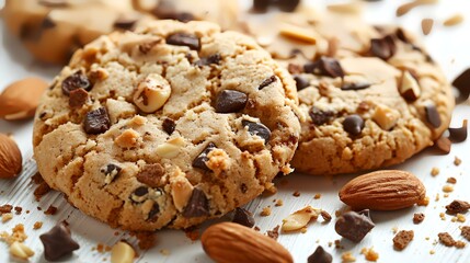 Chocolate chip cookies with almonds on white wooden table, closeup