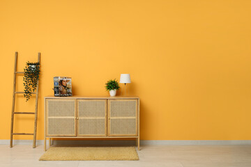 Modern light wooden chest of drawers with ladder and houseplants near orange wall in room