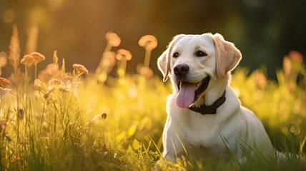 Foto op Canvas Cute labrador dog sitting on grass garden picture © DolonChapa