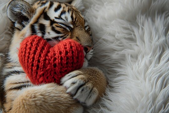 studio photo of a red knitted heart in the paws of a little tiger. Copy space.