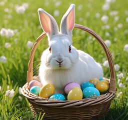 EASTER BUNNY WITH EASTER EGGS AT THE FIELD