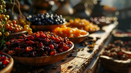 Assortment of dried fruits and berries in wooden bowls. Selective focus. - obrazy, fototapety, plakaty