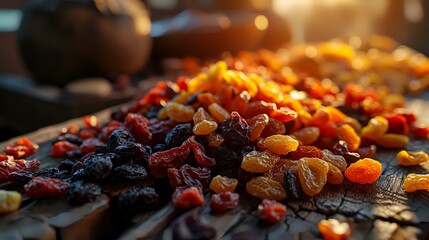 Dried fruits on a wooden table in the sunlight. Selective focus.