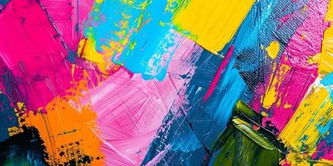Tuinposter Uma imagem de close-up impactante de uma grande tela preenchida com pinceladas ousadas e vibrantes, mostrando a natureza expressiva e espontânea da arte abstrata. © Alexandre