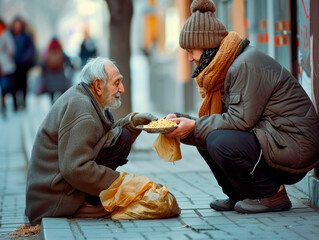 Passerby woman gives food to homeless elderly man on the street. Feeding the poor into the hands of a beggar