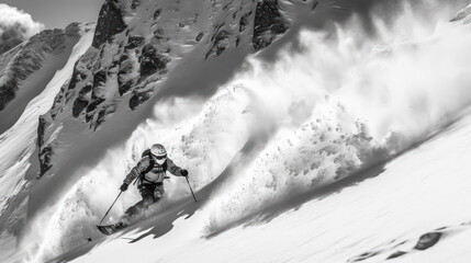 Skier speeds through the stunning snowy mountains on a sunny day.