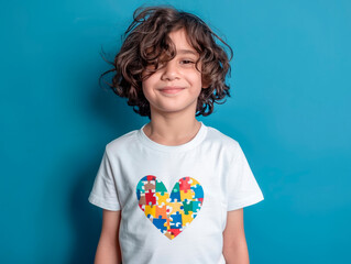 Portrait of smiling Caucasian boy in white t-shirt with World Autism Awareness Day symbol, heart with puzzle, on blue background, autism spectrum disorder, copy space