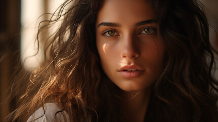 Naklejka premium Close-up portrait of an Italian woman with tousled hair, sensual face, long hair, thick eyebrows, outlined nose and mouth.