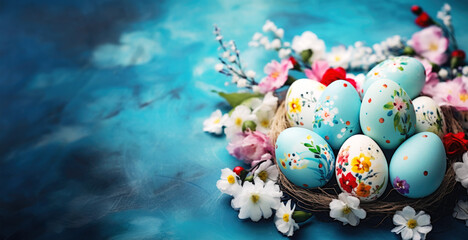 Obraz na płótnie Canvas Easter Decorated Eggs on Blue Background with Copy Space