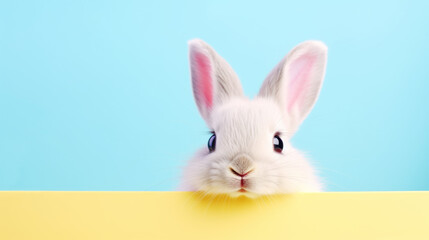 Easter Bunny Rabbit Looking Over Signboard on Yellow and Blue Background Banner