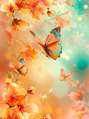 Fantastic flowers and butterflies on peach turquoise background with bokeh, fairytale, futuristic, mysterious floral abstract vertical with copy space