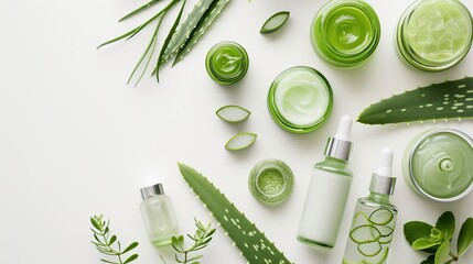 Flat lay of aloe skincare products, jars and bottles with aloe vera leaves on white background - obrazy, fototapety, plakaty