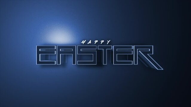 A modern, 3D-style Happy Easter text is illuminated by a blue light, contrasting against a dark blue background. It creates a joyful and futuristic design