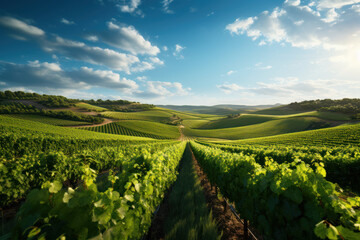A lush vineyard with orderly rows of grapevines under the sun, portraying the artistry and precision of winemaking. Concept of vineyard craftsmanship. Generative Ai.