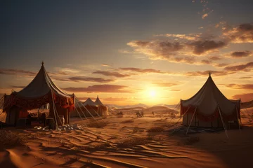 Abwaschbare Fototapete A group of nomadic tents set against a desert sunset, illustrating the resilience and adaptability of nomadic lifestyles. Concept of desert nomads. Generative Ai. © Sebastian