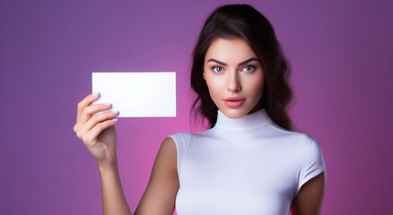 A woman holding a business card, a packet of business cards