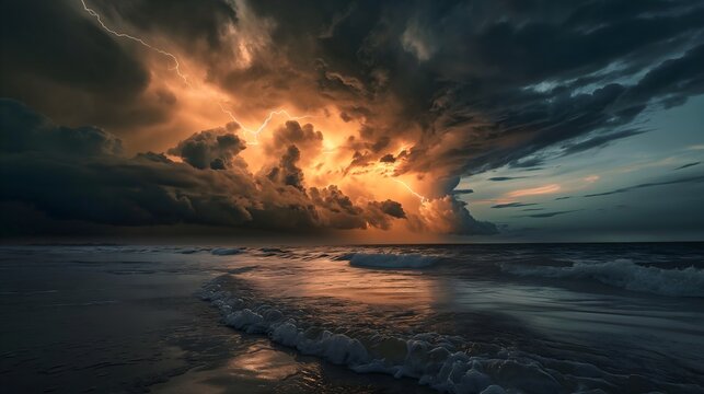 Thunderstorm and lightning through the clouds above the night sea.