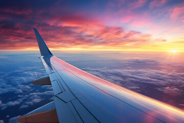 Obraz premium Photo from an airplane window. Dawn, sunset on an airplane high in the sky above the clouds. Generated by artificial intelligence