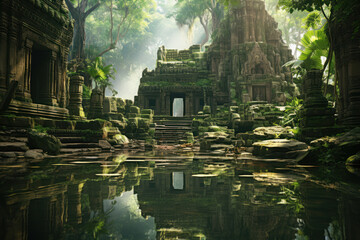 Fototapeta na wymiar A tranquil and ancient temple nestled in a lush forest, reflecting the spiritual harmony between nature and architecture. Concept of sacred temples. Generative Ai.