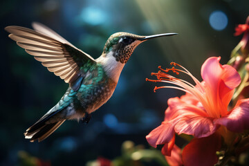 Fototapeta premium A hummingbird hovering near a vibrant flower, capturing the essence of nature's fastest avian species. Concept of agile wildlife. Generative Ai.