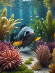 Naklejka na ściany i meble The fish swims in the habitat, against a backdrop of various vegetation