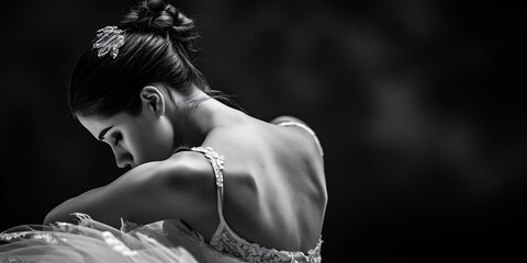 Fotografia íntima em preto e branco capturando a emoção de uma bailarina durante a performance,...