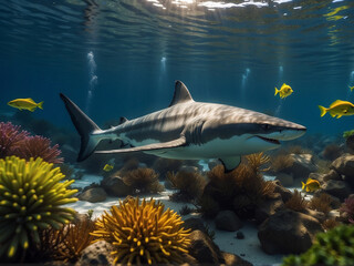 a shark swimming in its natural habitat, against a background of various vegetation