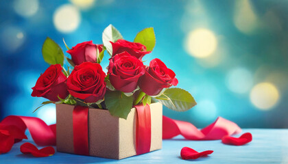  Bouquet of red roses in gift box on blue background, copy space. Valentines or Mothers Day gift.