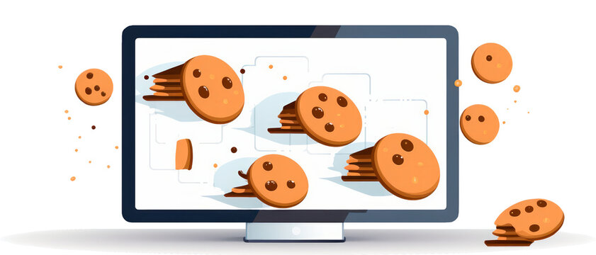 Illustration of cookies coming out of a computer screen, symbolizing internet cookies.