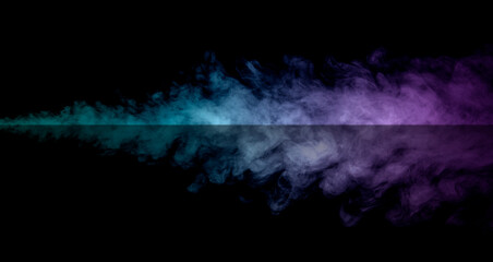 Reflective black surface with clouds of blue and purple smoke mixing