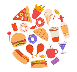 Unhealthy and junk food in a circle. Fast food. Obesity from nutrition and unbalanced food. Pizza, burger, doughnuts, candy, soda, alcohol, drinks, sweets, fat, oil on a white background. Isolated