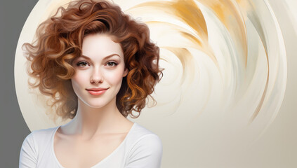 Fototapeta premium A beautiful young woman against a light beige background, Website main page, template, Beauty site or skincare concept with plain copy space and example text