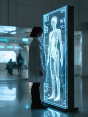 A person standing next to their digital twin, displayed on a large, transparent futuristic screen, with health stats and treatment recommendations visible around the digital figure - obrazy, fototapety, plakaty