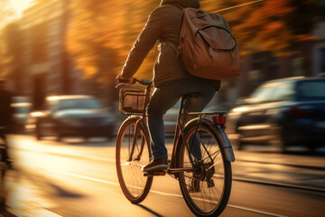 A commuter cycling to work, embracing the morning breeze and a healthy mode of transportation. Concept of morning cycling. Generative Ai.