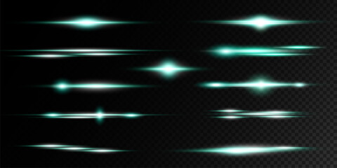 Set of realistic vector green stars png. Set of vector suns png. Green flares with highlights.	