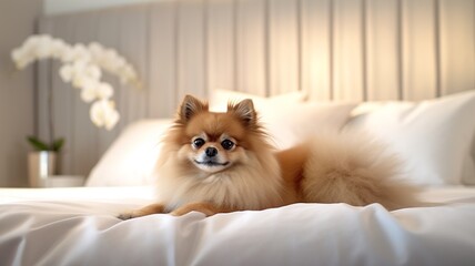 Cute sleepy pomeranian dog lying on bed picture