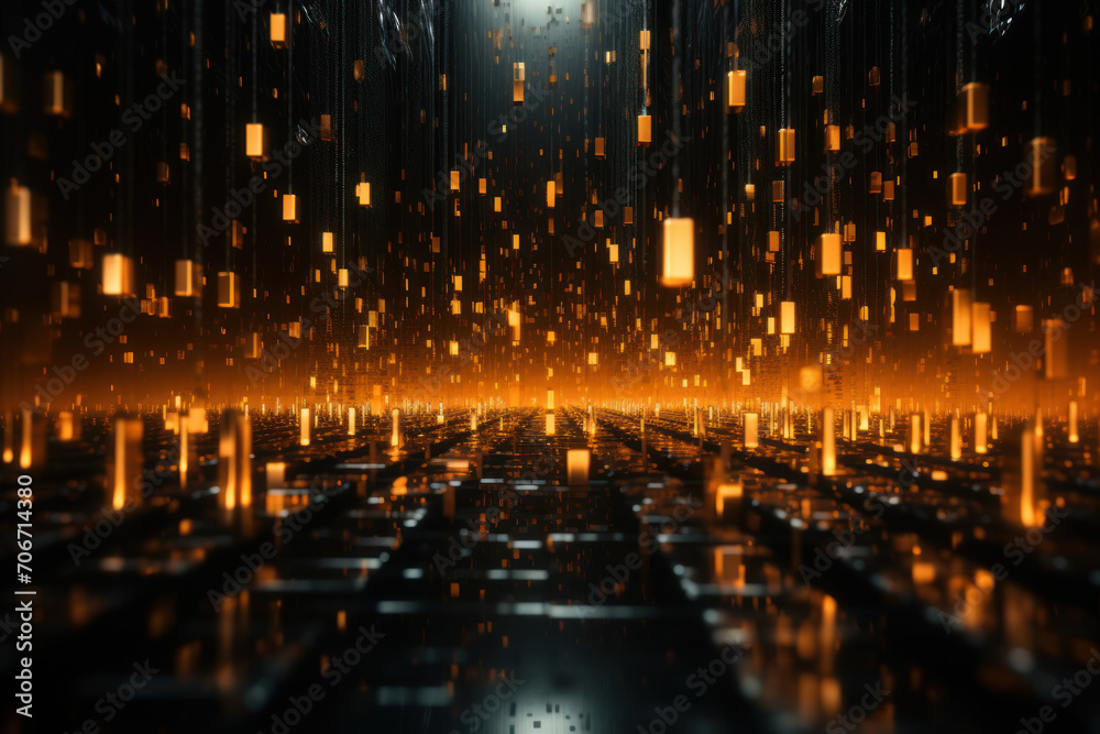 Poster abstract depiction of binary code raining down like digital confetti, representing the pervasive pre