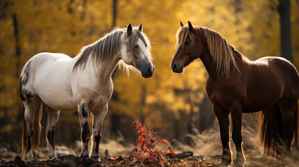 brown and white horses facing each other