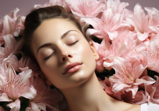 Woman surrounded by flowers. Serenity and tranquility. Woman's Day. Tradition and culture. AI generated