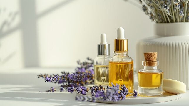 Beauty product display, slender flacons and oils, arranged with fresh lavender, on a monochrome ivory surface