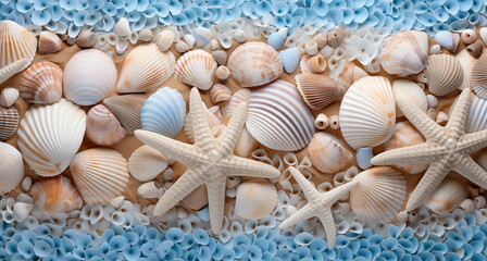 Fototapeta na wymiar seashell background with tiny blue shell border along the top and bottom