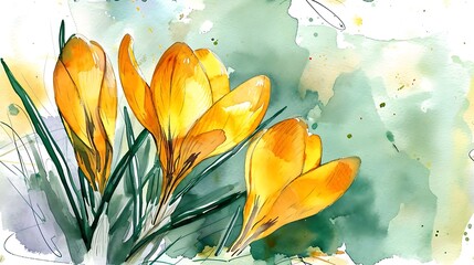 Yellow Crocus, early bloomer, artistic watercolor illustration for easter greeting cards, spring flower background banner