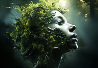 Double exposure with a woman's face and a forest. Woman's Day. Environment concept. AI generated