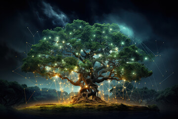 A digital tree with interconnected branches, portraying the growth and expansion of internet networks. Concept of the internet ecosystem. Generative Ai.