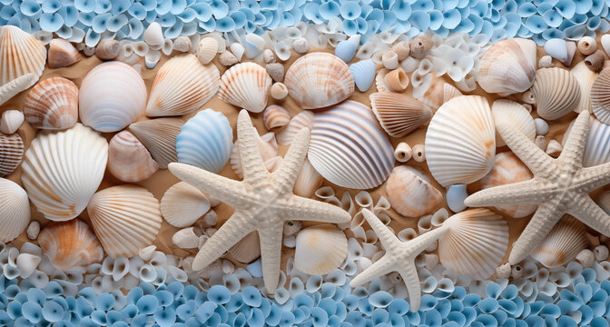seashell background with tiny blue shell border along the top and bottom