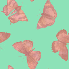 abstract seamless pattern, pink butterflies on a green background, Design for packaging, wallpaper, print